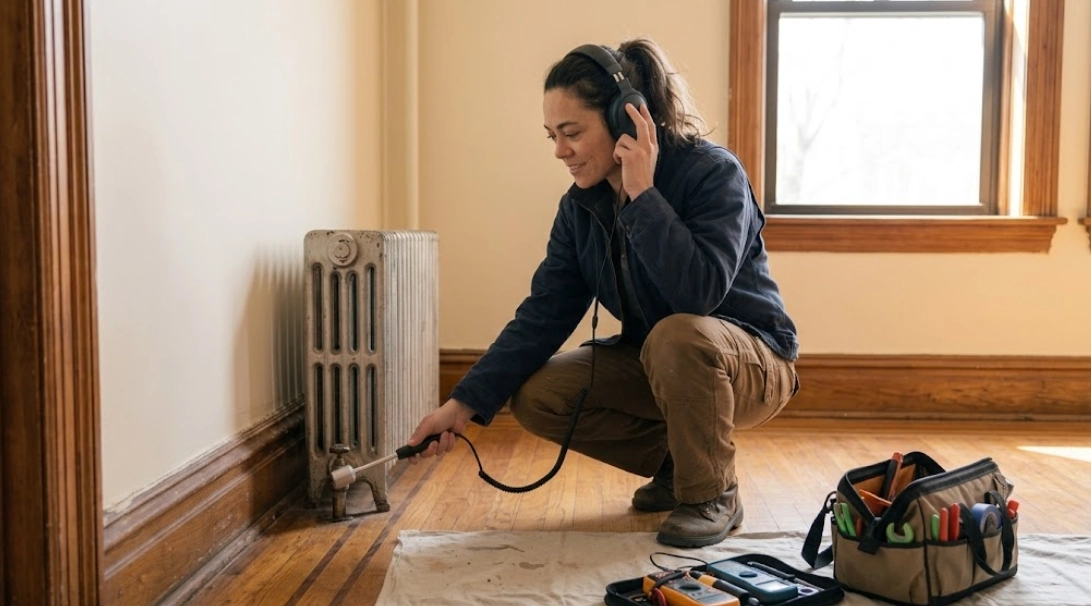 Technician using acoustic listening equipment for non-invasive hidden water leak detection along baseboard pipe run